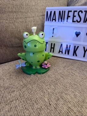 Vintage Ceramic Spring Loaded Green Polka Dot Frog Soap Dispenser with Lily Pad